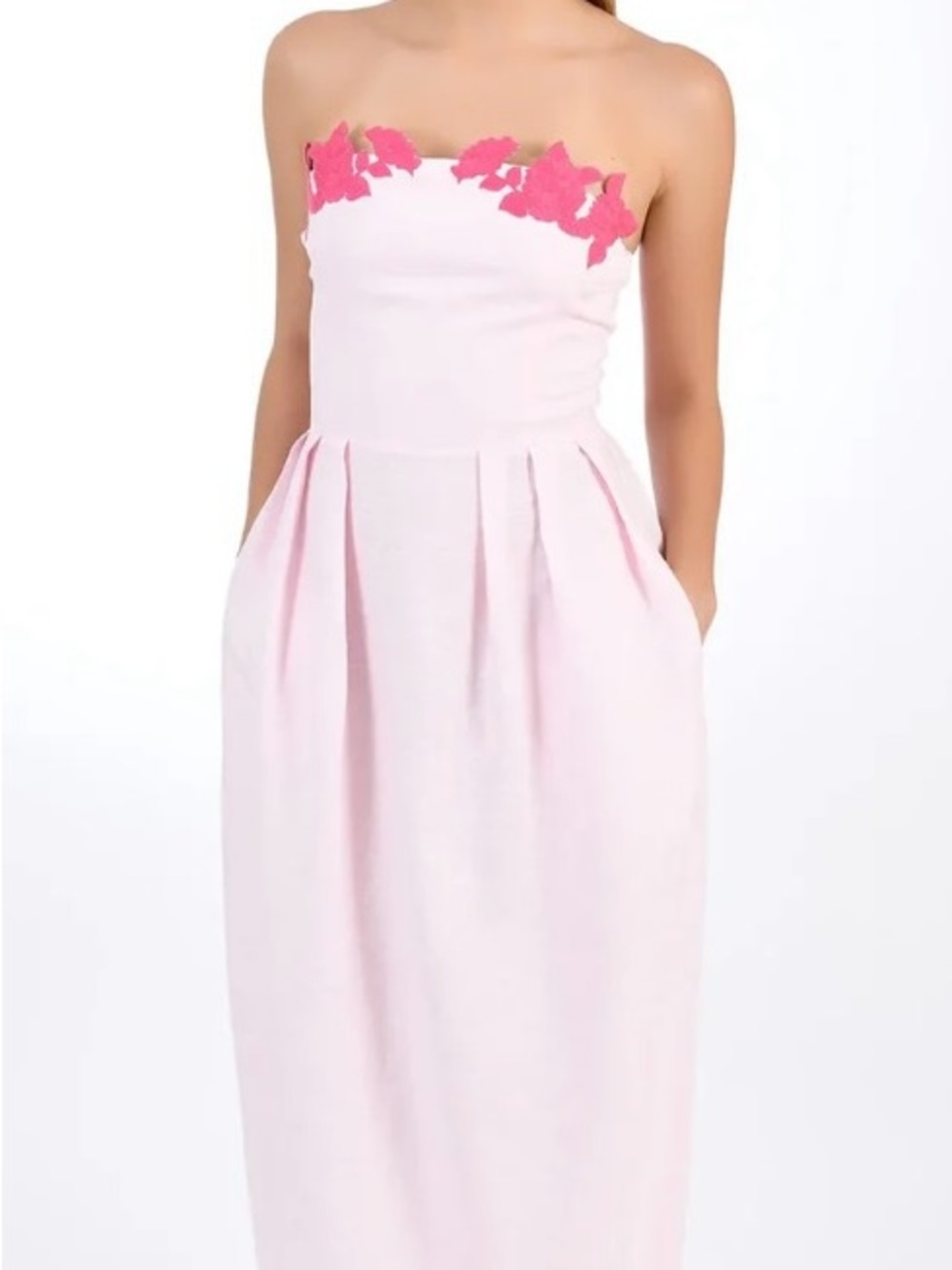 Fanm Mon Lorr Linen Strapless  Pink Midi Dress with Pink Embroidered Flowers